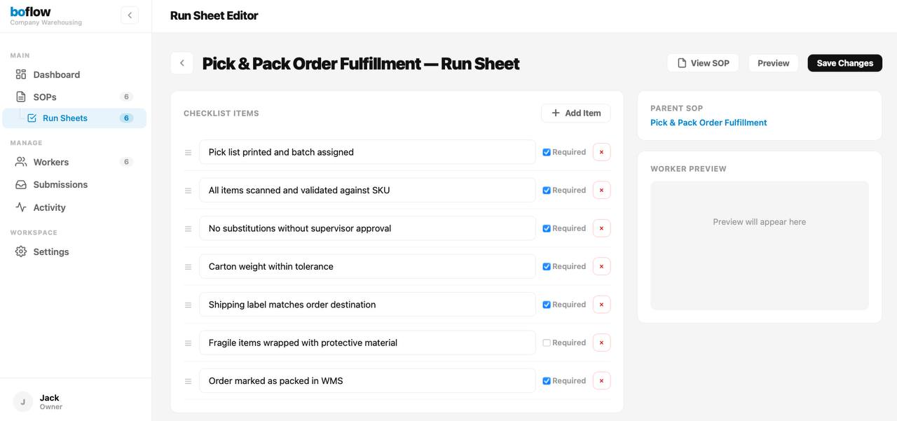 Editor de hojas de ejecuci&oacute;n con checklist y pasos obligatorios