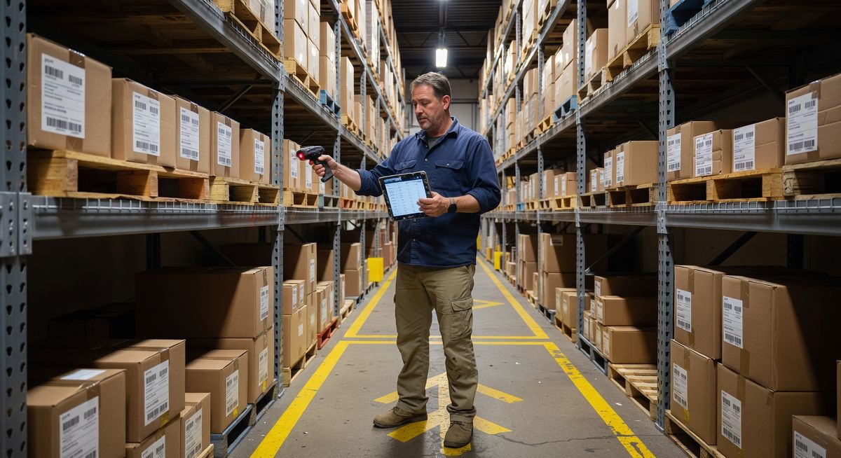 Warehouse worker picking items from shelving