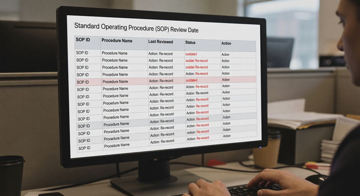 A checklist-style dashboard showing SOP review dates, with some marked as "outdated" and prompting a re-record