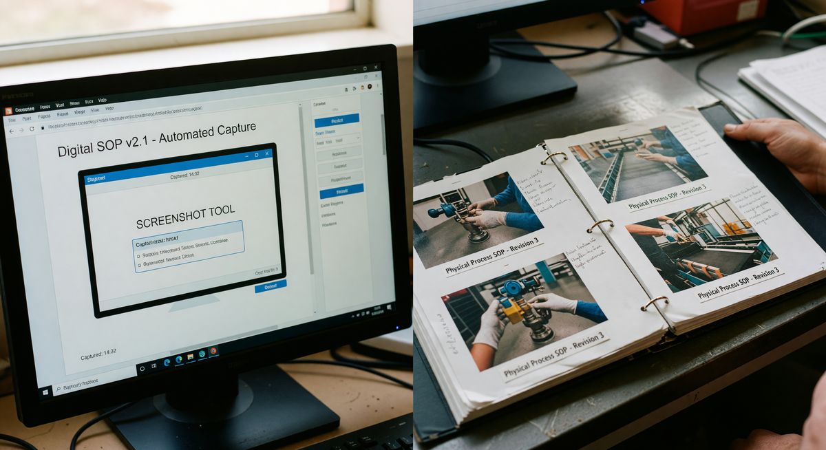 Example screenshot of a digital SOP created by a screen-capture tool vs a physical process SOP with photos