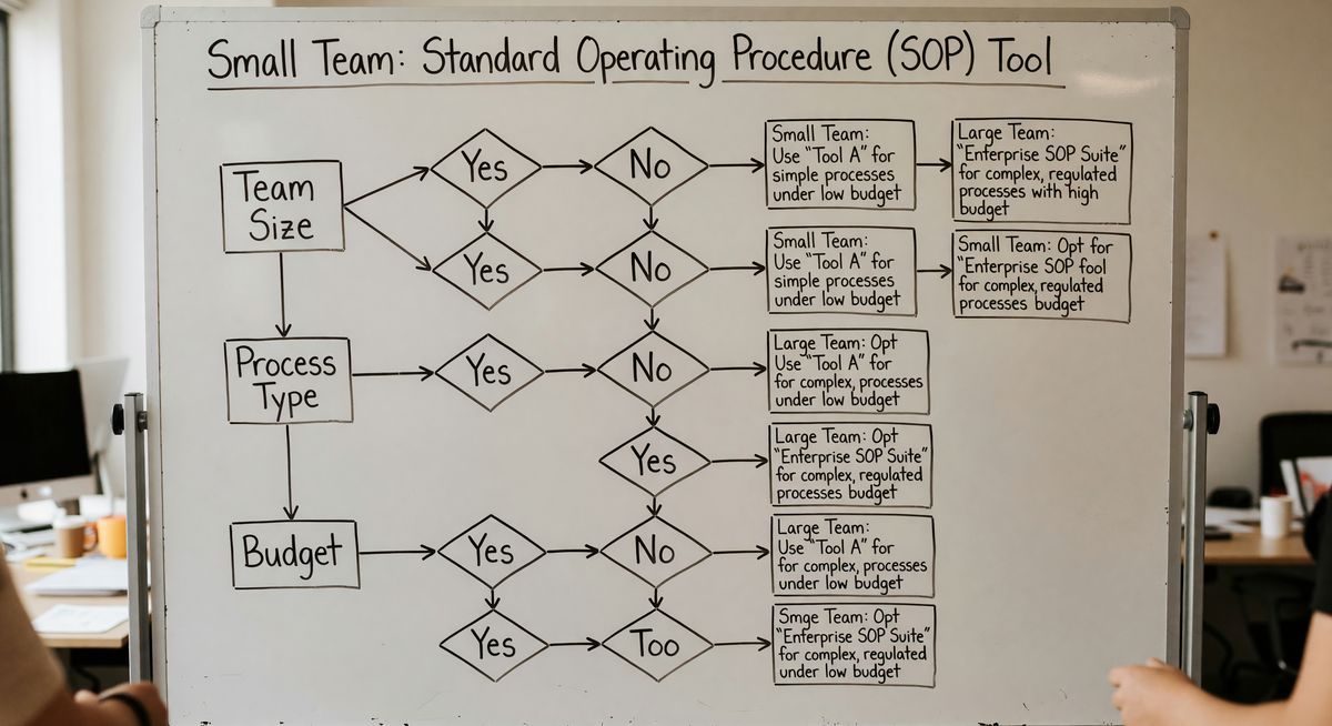 Flowchart showing decision tree for picking the right SOP tool based on team size, process type, and budget
