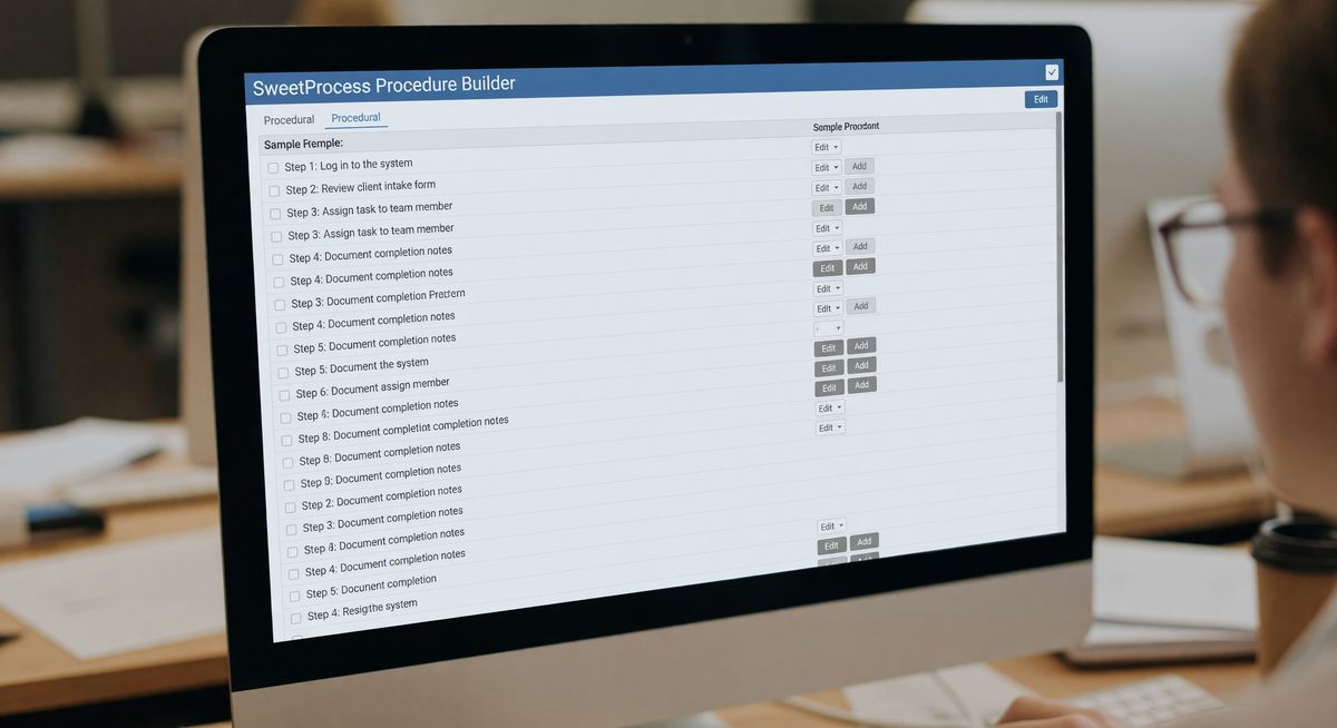Screenshot or mockup showing SweetProcess procedure builder interface with sample steps