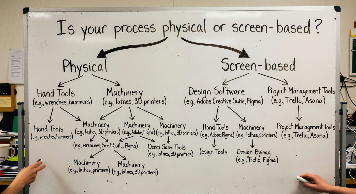 Flowchart showing decision tree: "Is your process physical or screen-based?" leading to different tool recommendations