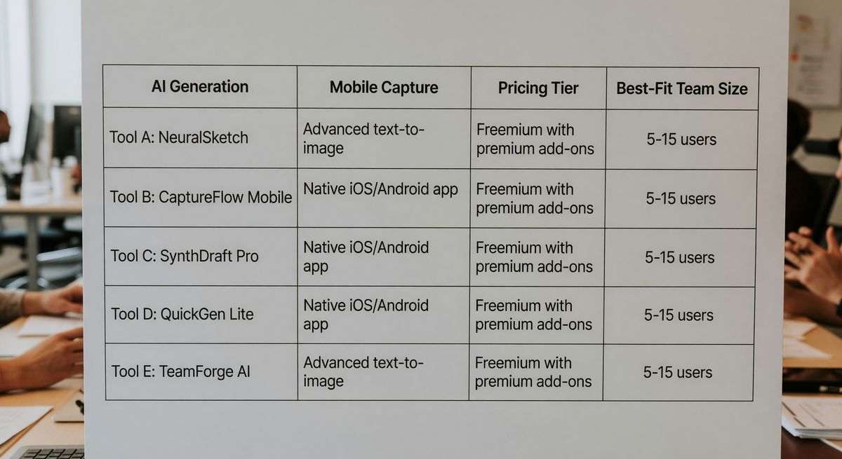 Simple comparison table showing the five tools with columns for AI generation, mobile capture, pricing tier, and best-fit team size